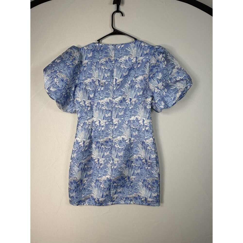 Lena Women’s M Blue Silver Floral Brocade Jacquard Puff Sleeve Mini Dress - Picture 2 of 12